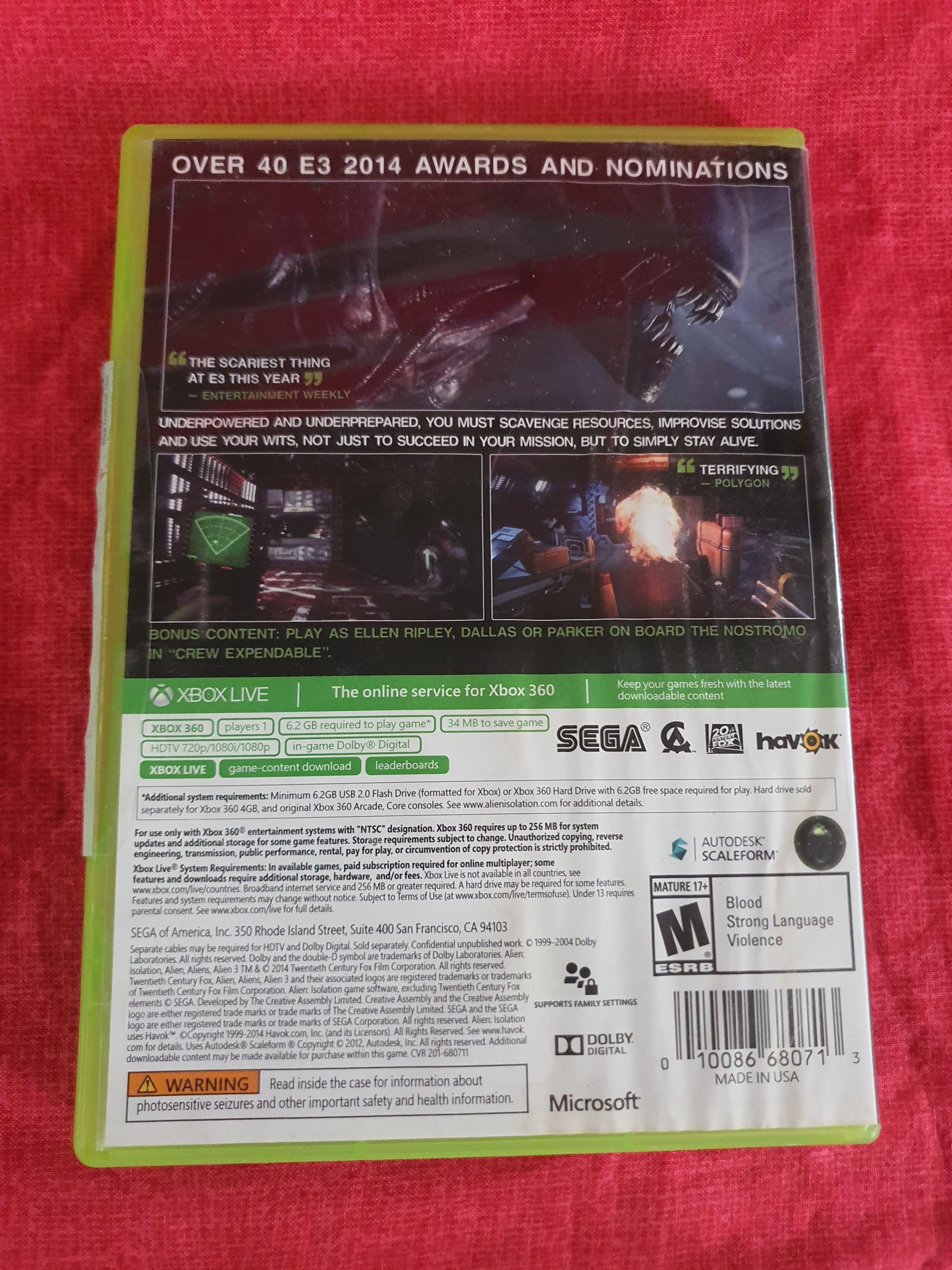 Alien: Isolation Nostromo Edition (Xbox 360, 2014) Complete Game Disc Near Mint