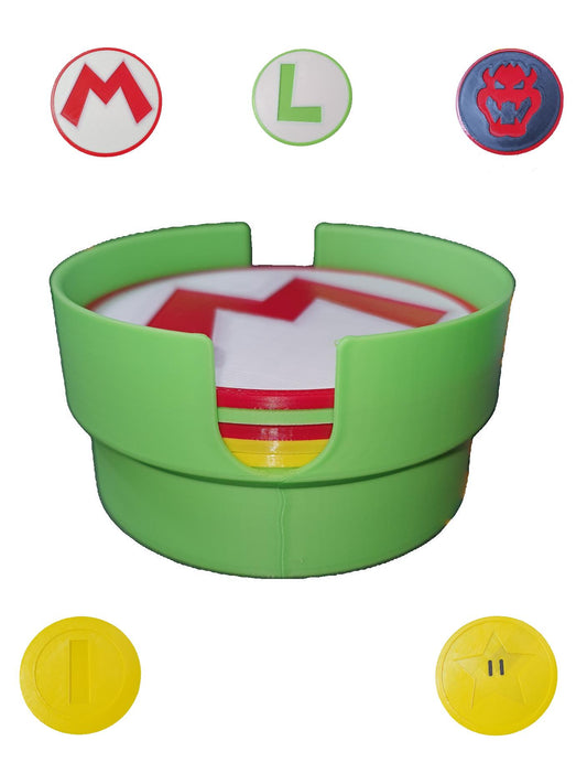 Mario bros Luigi Coaster Set For Video Game Room Table Top Desk Warp Pipe Holder 5 Piece