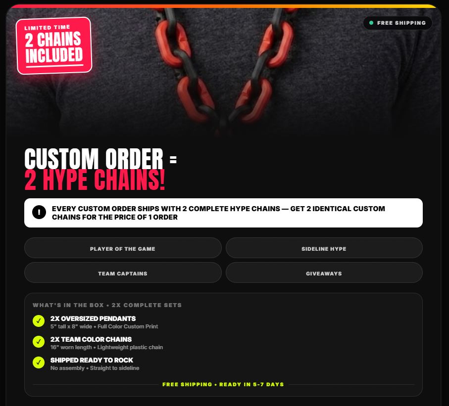 High School Hype Chain Necklace – 32" Chain Sports Cheer Fan Jewelry for Football Basketball Baseball Kids Youth Teens Adults Unisex