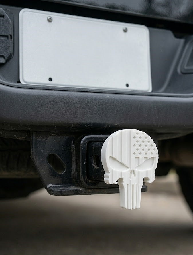 White Punisher Skull Flag Trailer Hitch Cover Plug for Truck Enthusiasts - Offroad Tactical Tow Receiver Armor Diesel 4x4 F150 Silverado Ram.