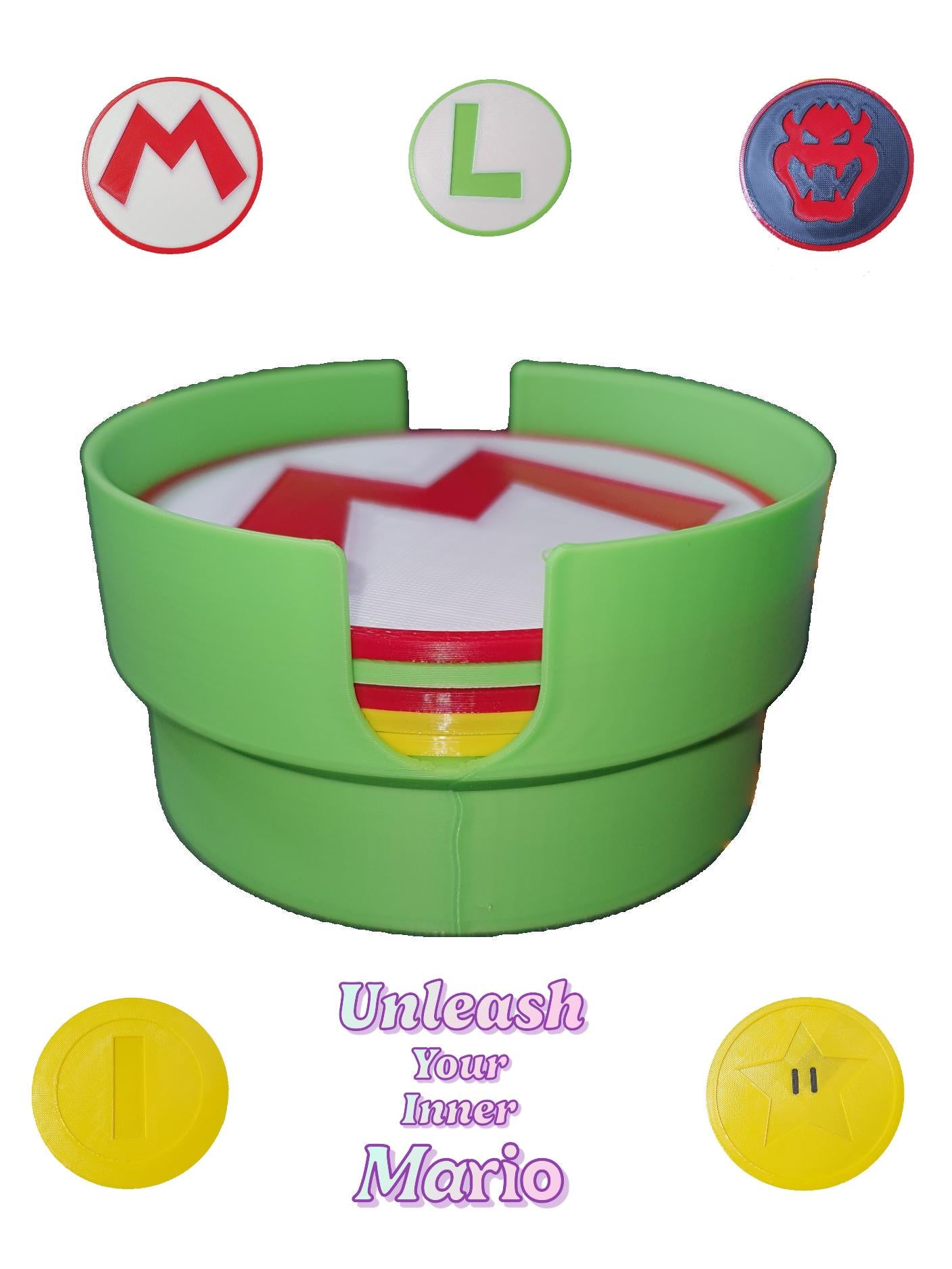 Mario bros Luigi Coaster Set For Video Game Room Table Top Desk Warp Pipe Holder 5 Piece