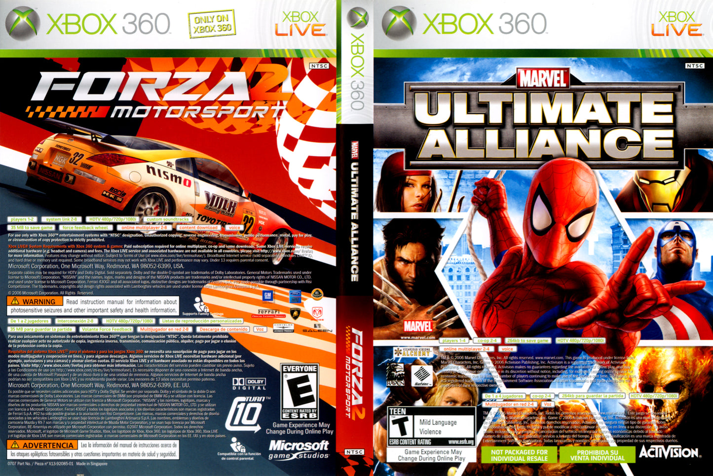 Two Xbox 360 game cases, one for 'Forza Motorsport' and the other for 'Marvel Ultimate Alliance'.