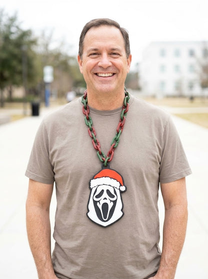 Ghost Face Santa Hat Chain Necklace Scream Mask Christmas Horror Pendant Red Green Link Holiday Jewelry 32" Chain
