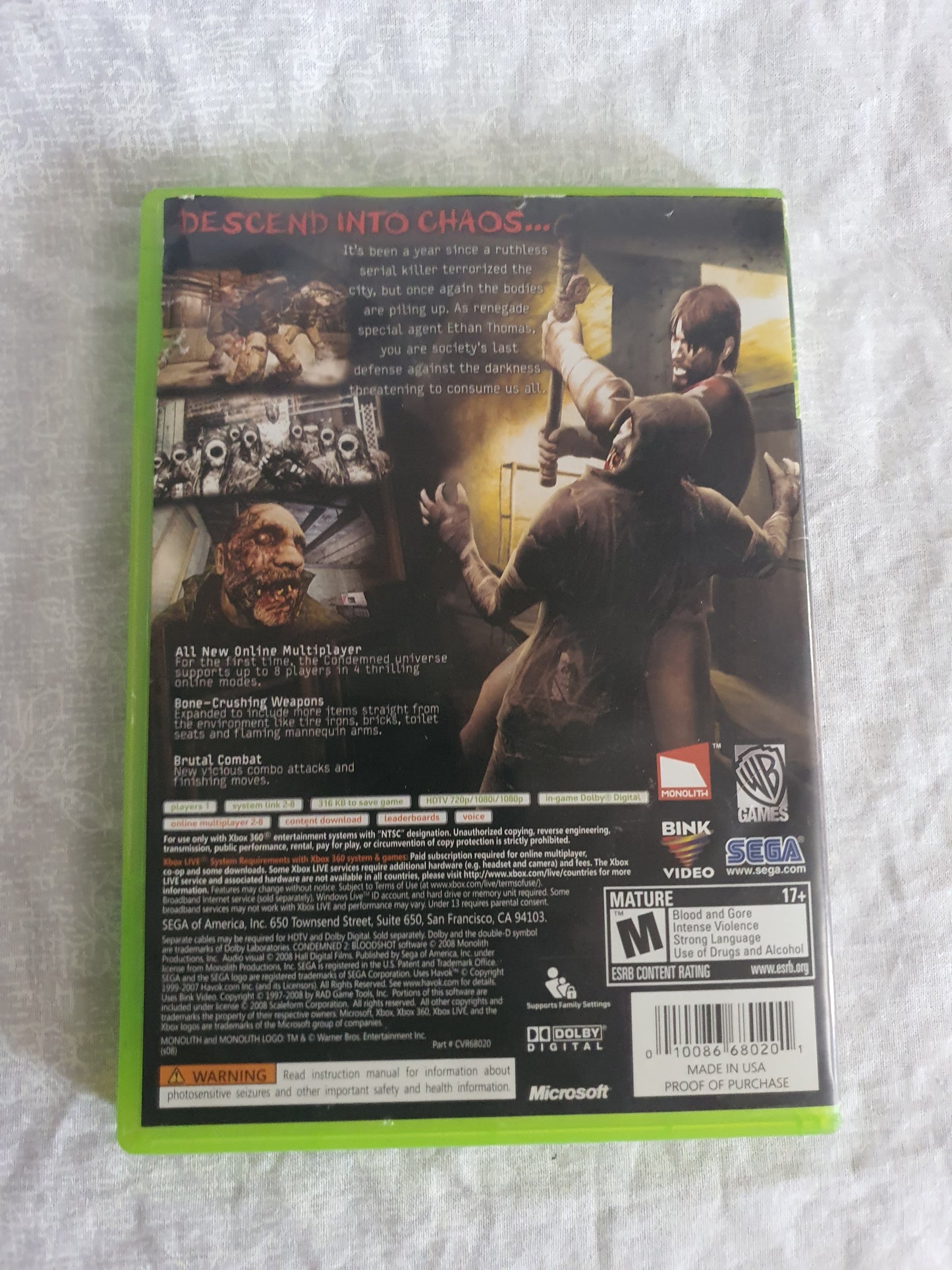 Condemned 2: Bloodshot (Microsoft Xbox 360, 2008) Videogame Disc Very Good