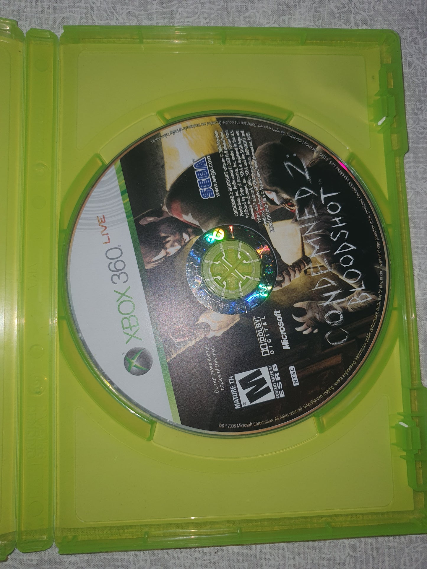 Condemned 2: Bloodshot (Microsoft Xbox 360, 2008) Videogame Disc Very Good