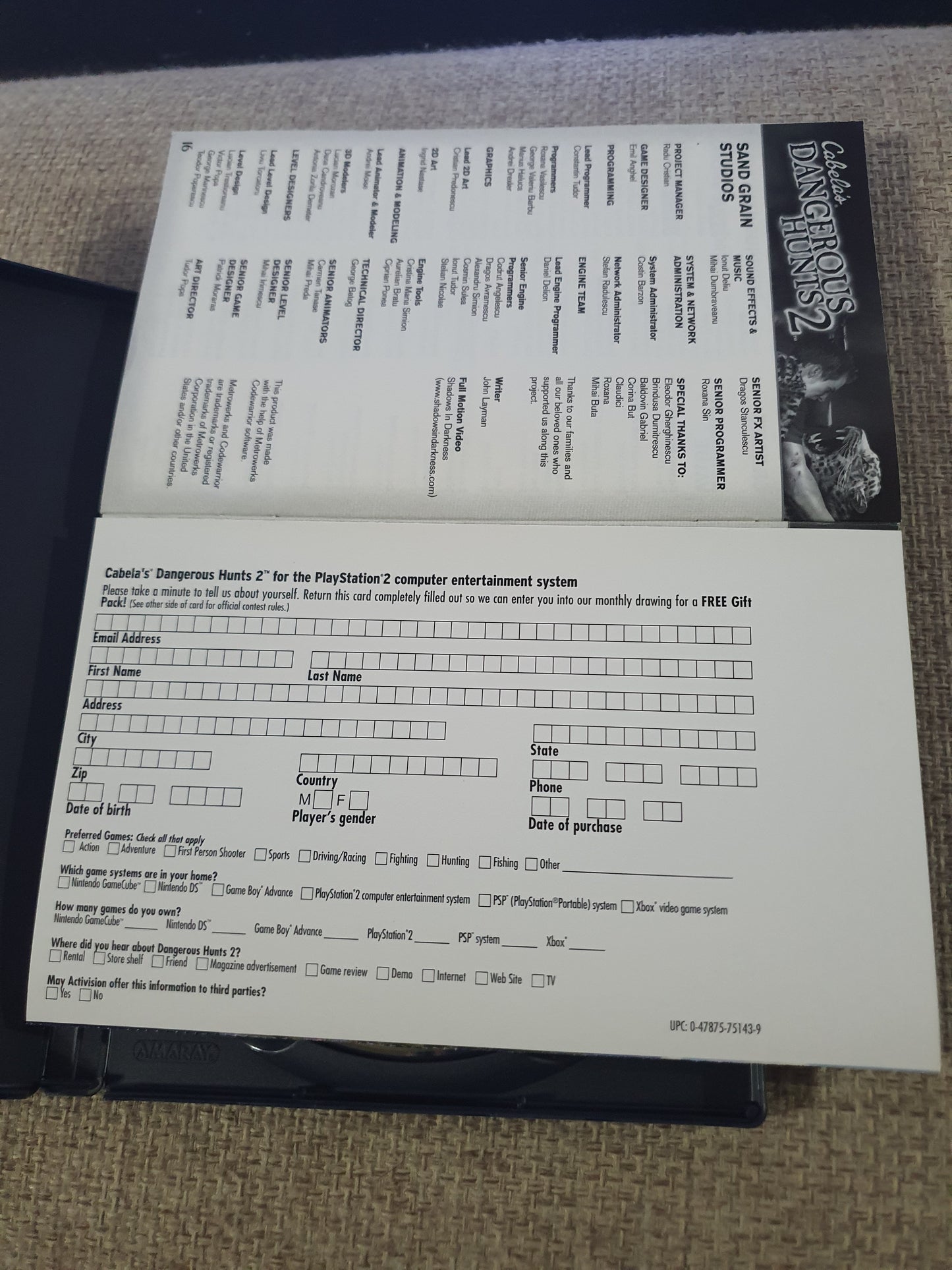 Cabela's Dangerous Hunts 2 (PlayStation 2, 2005) Complete Registration Card NM