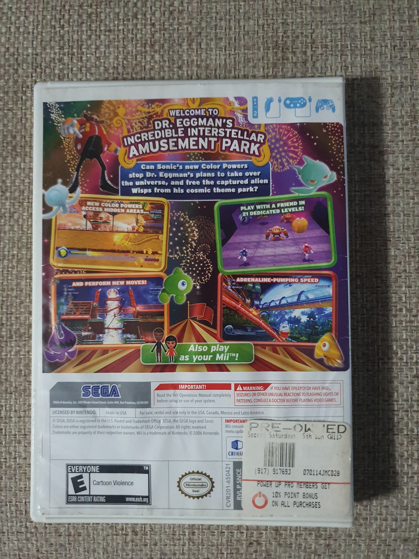 Sonic Colors (Nintendo Wii, 2010) Videogame Disc Tested Very Good