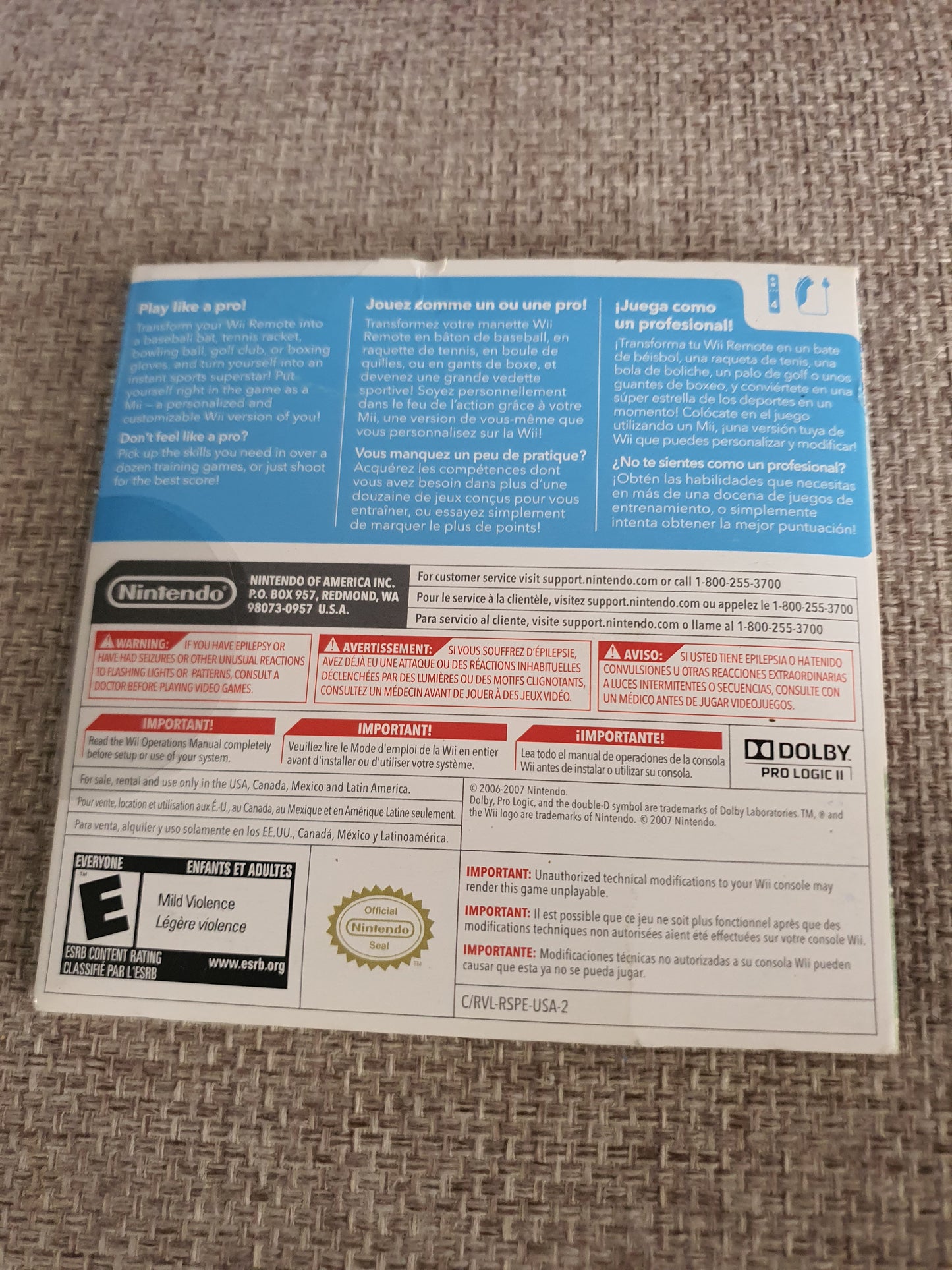 Wii Sports (Nintendo Wii, 2006) Complete Manual CIB Good Tested RVL-RSPE-USA-B1