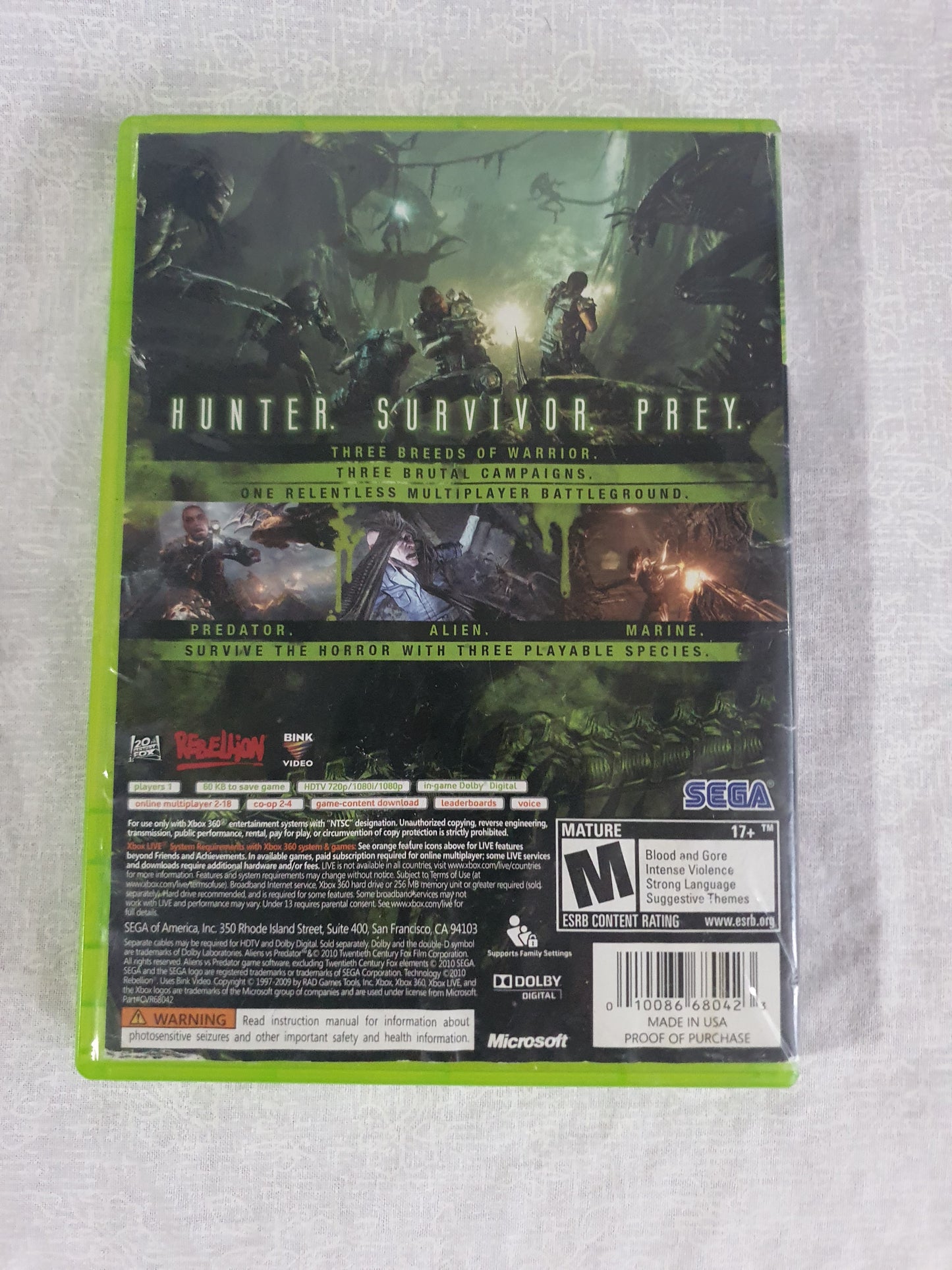 Aliens vs Predator (Microsoft Xbox 360, 2010) Disc Very Good