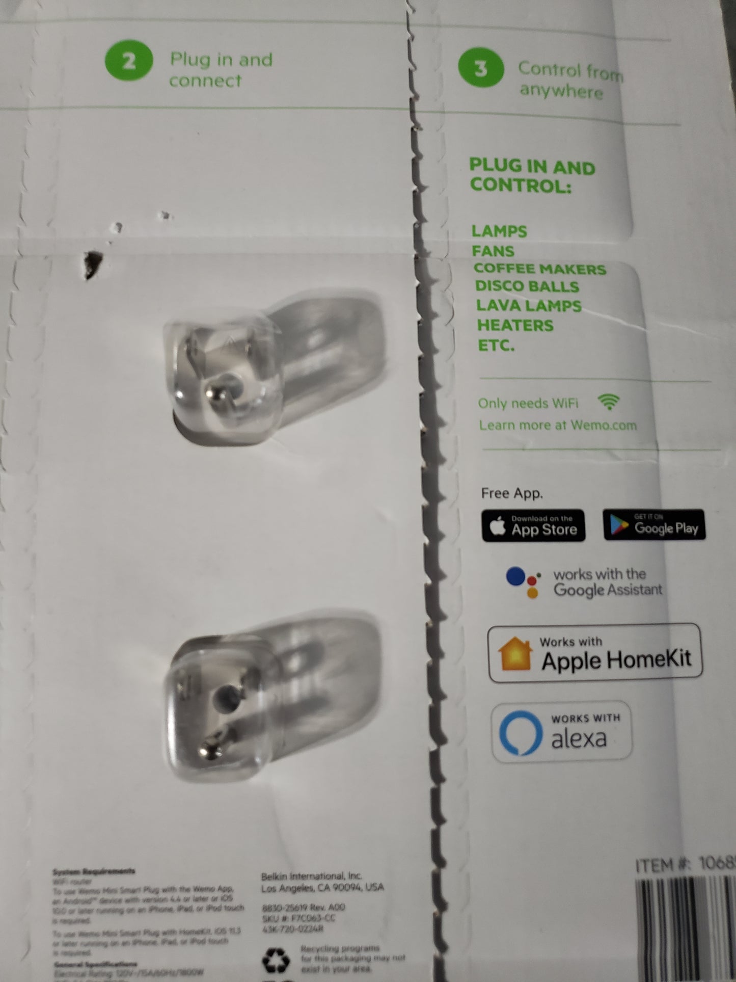 Wemo WiFi Smart Plug 2 Pack White 1068540 Apple HomeKit Alexa Google Assistant