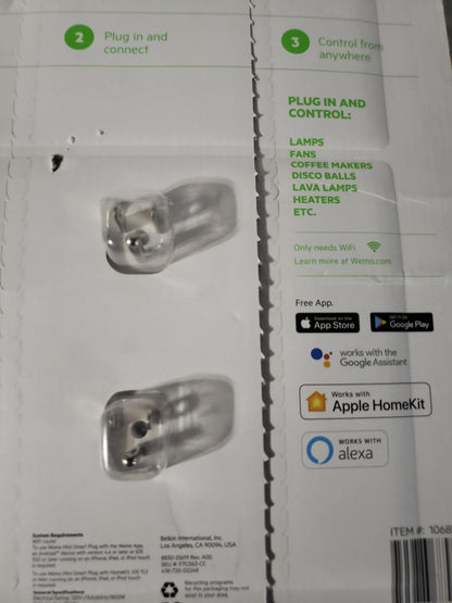 Wemo WiFi Smart Plug 2 Pack White 1068540 Apple HomeKit Alexa Google Assistant