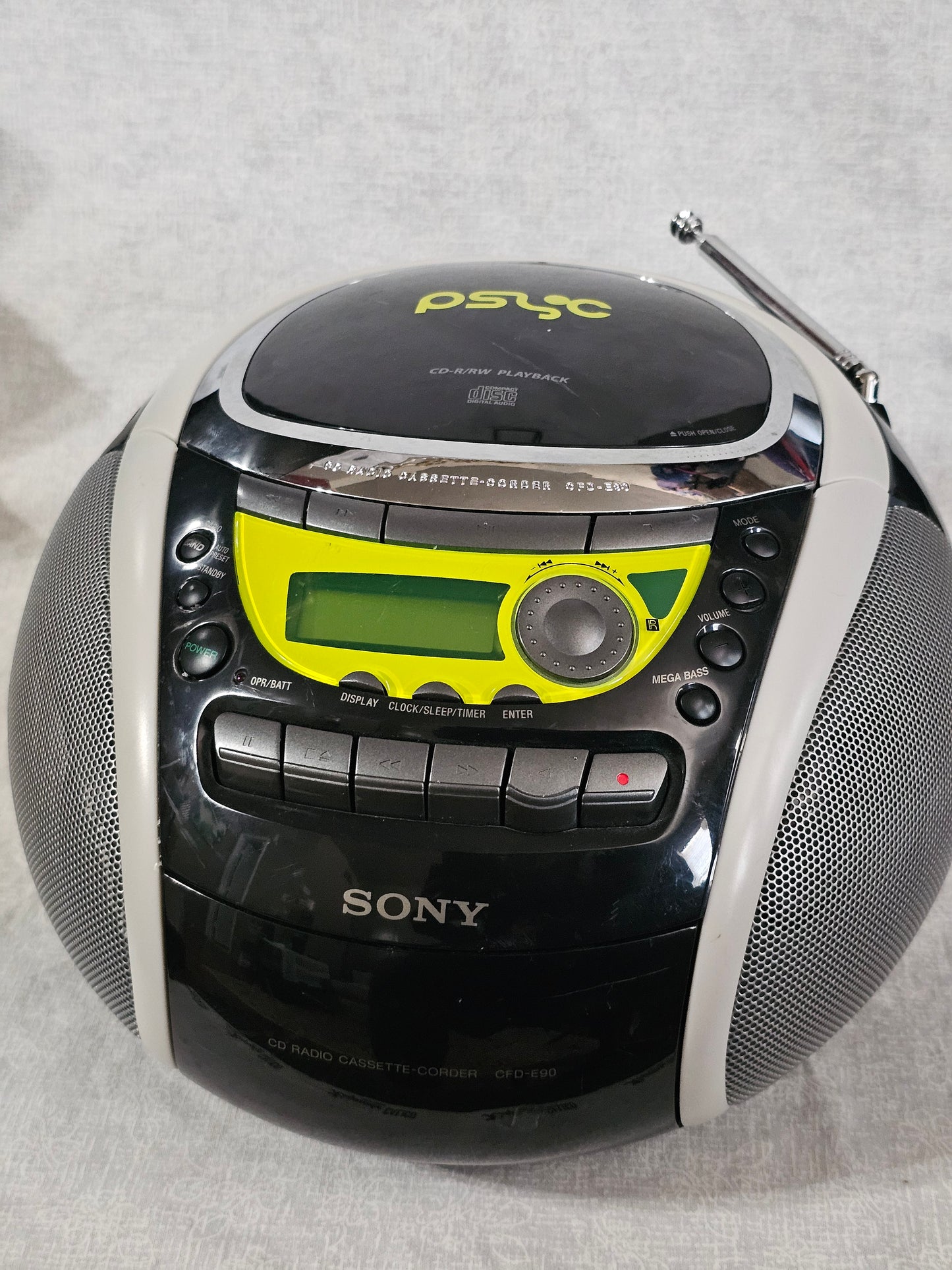 Sony PSYC CFD-E90 Boombox CD AM/FM Cassette AUX Remote Black/Yellow Mega Bass Portable Stereo System Tested Works Great Excellent Condition!