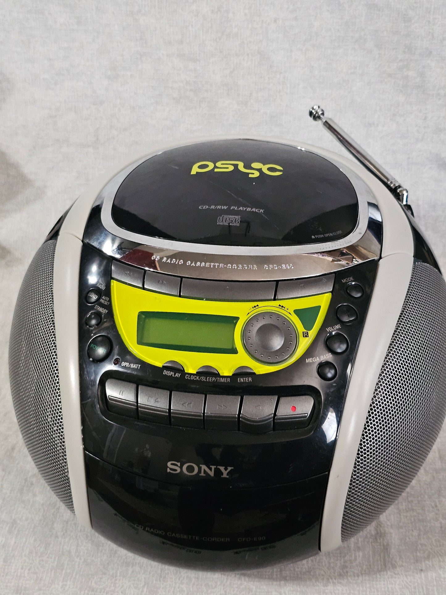 Sony PSYC CFD-E90 Boombox CD AM/FM Cassette AUX Remote Black/Yellow Mega Bass Portable Stereo System Tested Works Great Excellent Condition!