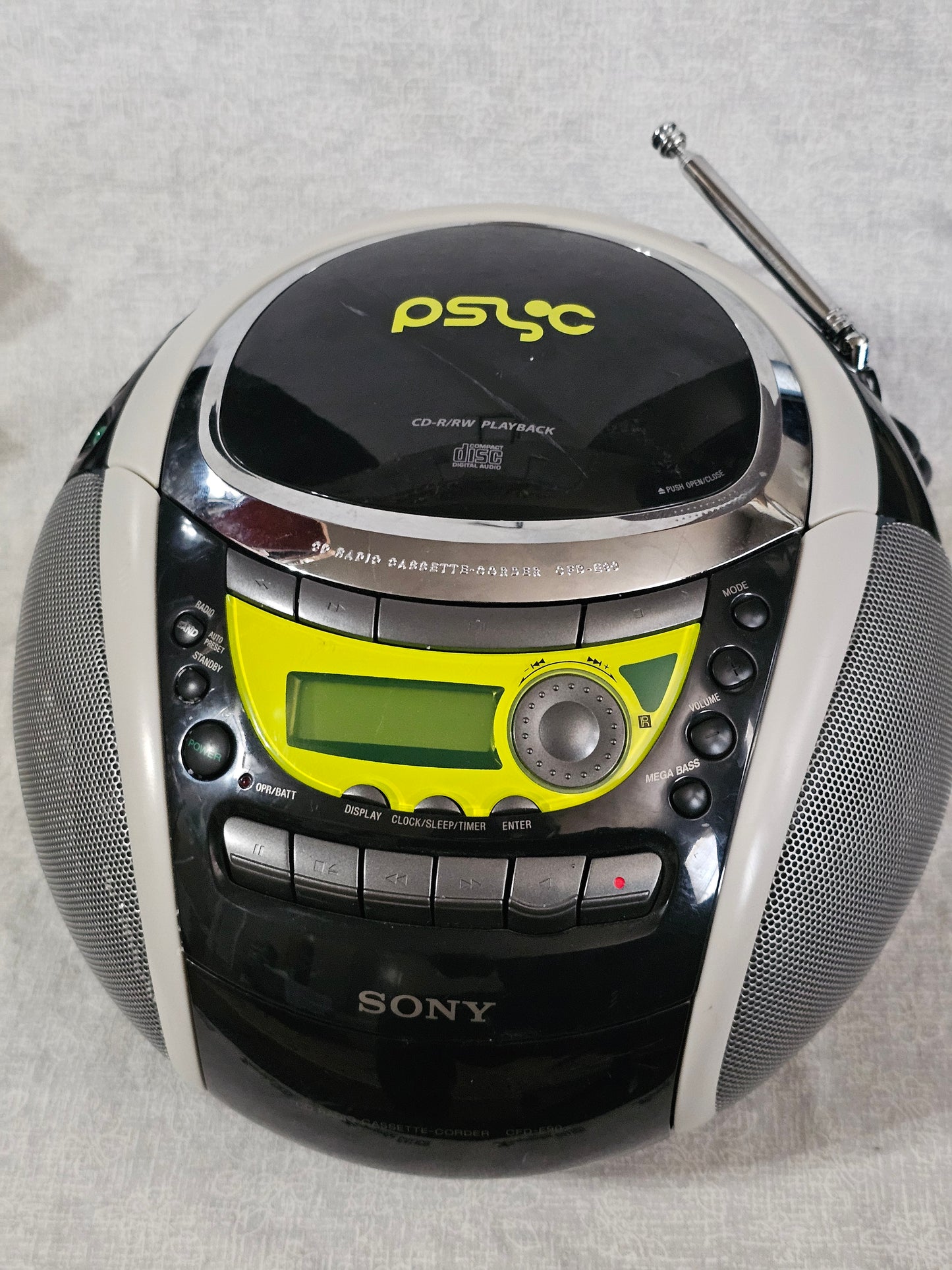 Sony PSYC CFD-E90 Boombox CD AM/FM Cassette AUX Remote Black/Yellow Mega Bass Portable Stereo System Tested Works Great Excellent Condition!
