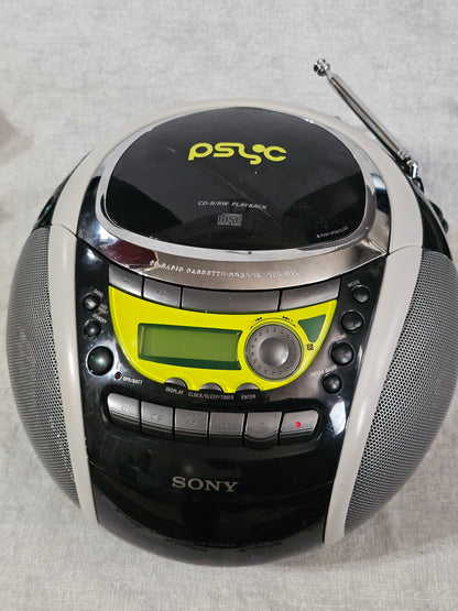 Sony PSYC CFD-E90 Boombox CD AM/FM Cassette AUX Remote Black/Yellow Mega Bass Portable Stereo System Tested Works Great Excellent Condition!