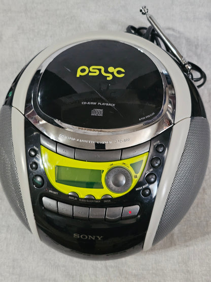 Sony PSYC CFD-E90 Boombox CD AM/FM Cassette AUX Remote Black/Yellow Mega Bass Portable Stereo System Tested Works Great Excellent Condition!