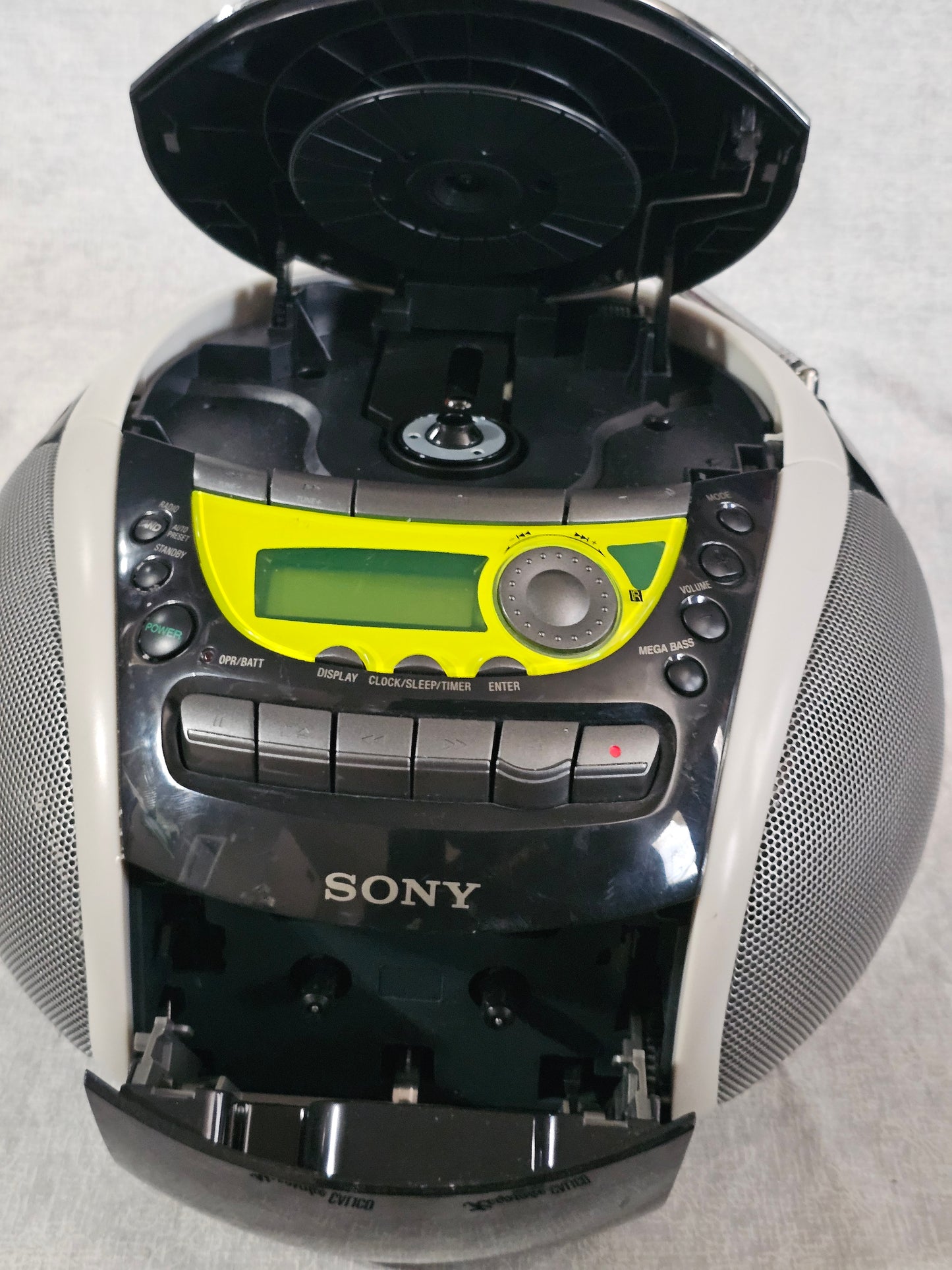 Sony PSYC CFD-E90 Boombox CD AM/FM Cassette AUX Remote Black/Yellow Mega Bass Portable Stereo System Tested Works Great Excellent Condition!
