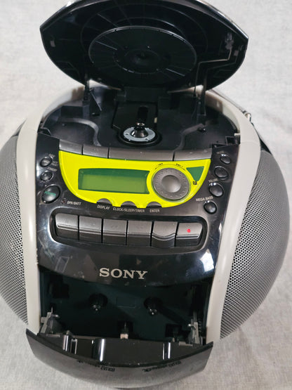 Sony PSYC CFD-E90 Boombox CD AM/FM Cassette AUX Remote Black/Yellow Mega Bass Portable Stereo System Tested Works Great Excellent Condition!