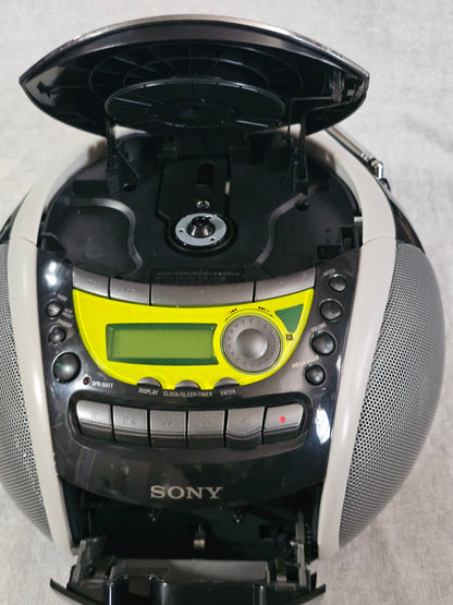 Sony PSYC CFD-E90 Boombox CD AM/FM Cassette AUX Remote Black/Yellow Mega Bass Portable Stereo System Tested Works Great Excellent Condition!