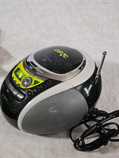 Sony PSYC CFD-E90 Boombox CD AM/FM Cassette AUX Remote Black/Yellow Mega Bass Portable Stereo System Tested Works Great Excellent Condition!