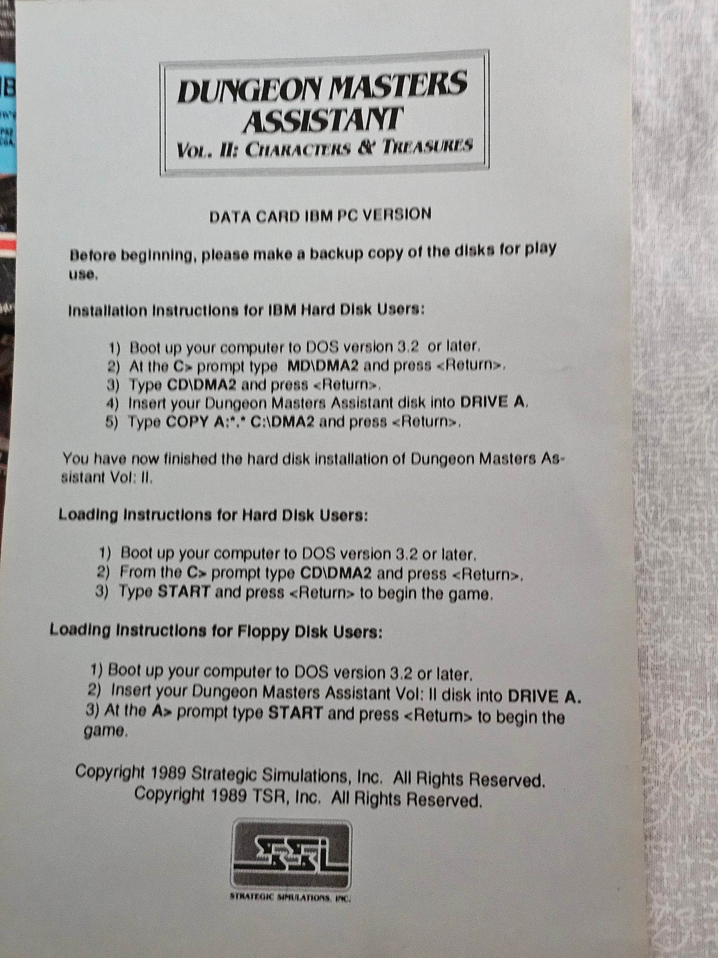 Dungeon Masters Assistant Volume II: Characters & Treasures IBM SSI 1988 - Vintage AD&D D&D DM Tool for IBM PC - Rare Collectible Software