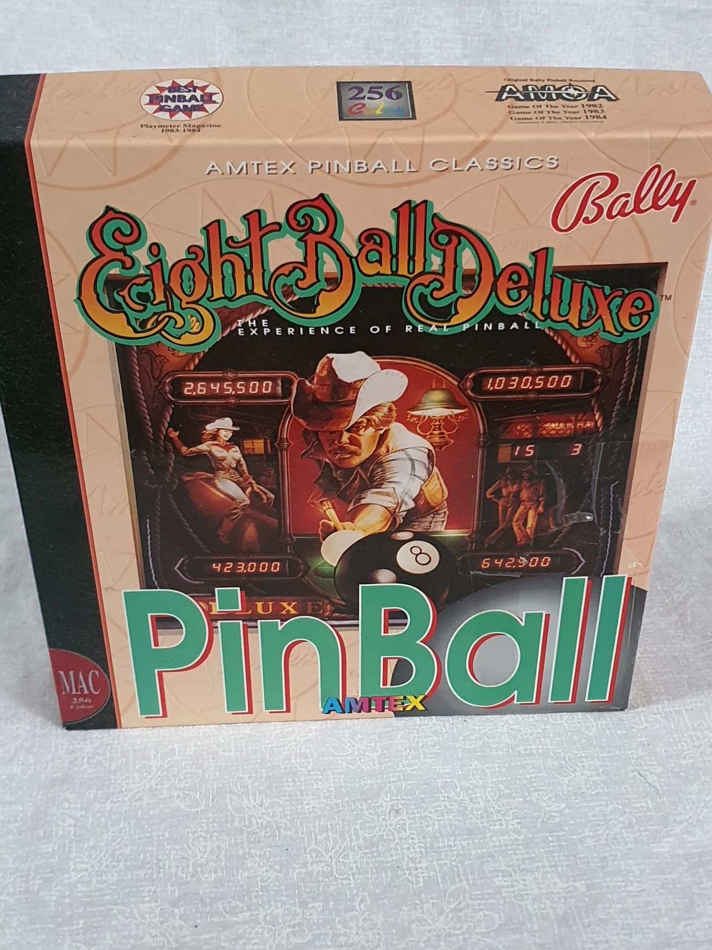Bally Eight Ball Deluxe Pinball Game Amtex Broderbund MAC Apple Computer Big Box - 3 Diskettes, Pristine Registration Card Included Complete