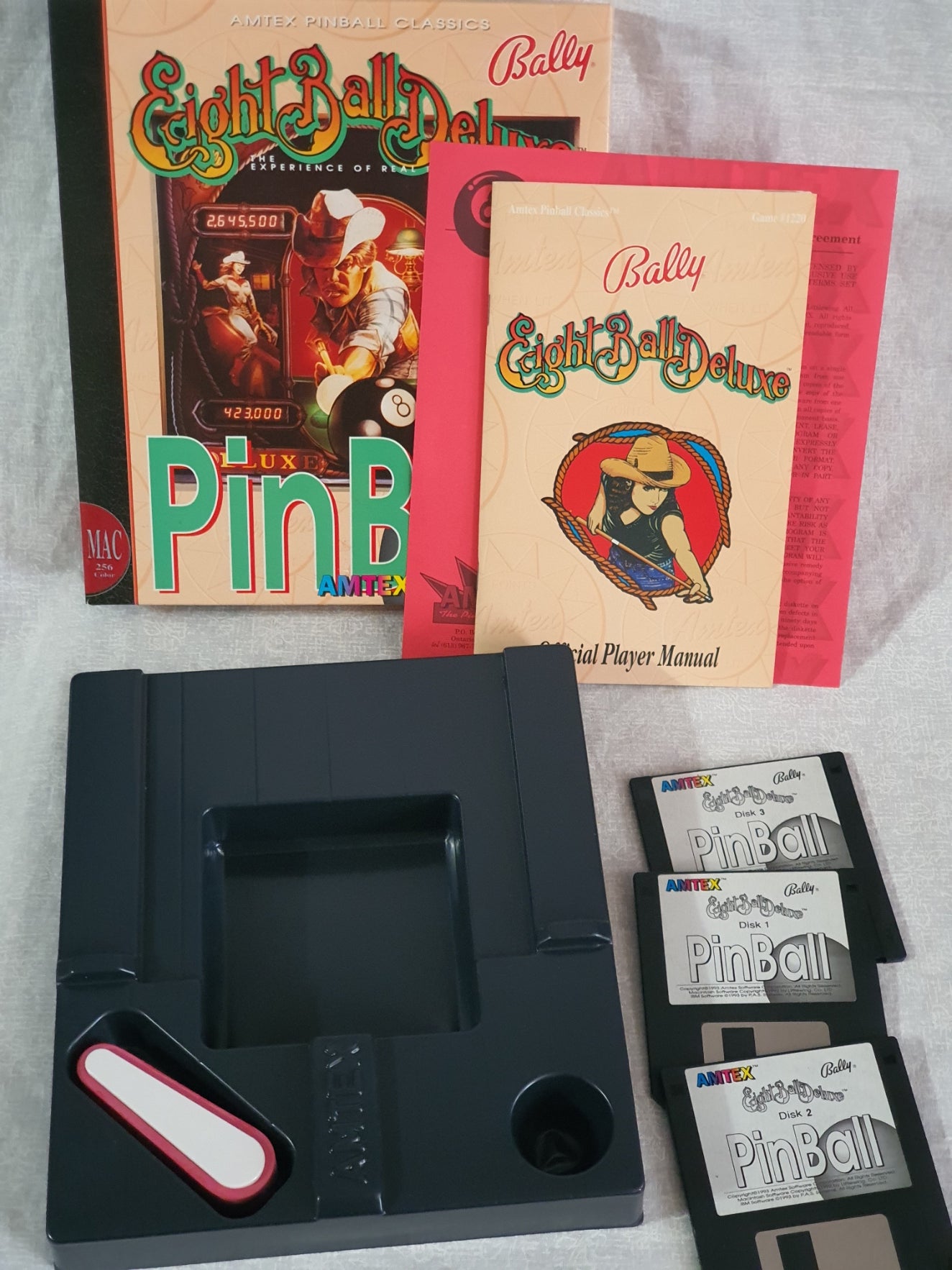 Bally Eight Ball Deluxe Pinball Game Amtex Broderbund MAC Apple Computer Big Box - 3 Diskettes, Pristine Registration Card Included Complete