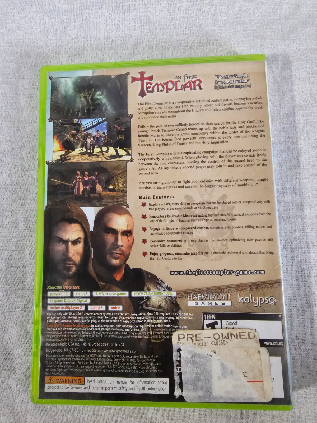 The First Templar Microsoft Xbox 360 2011 Disc Good Tested Case Good - Action Adventure Game - Co-op - Kalypso Media - No Manual