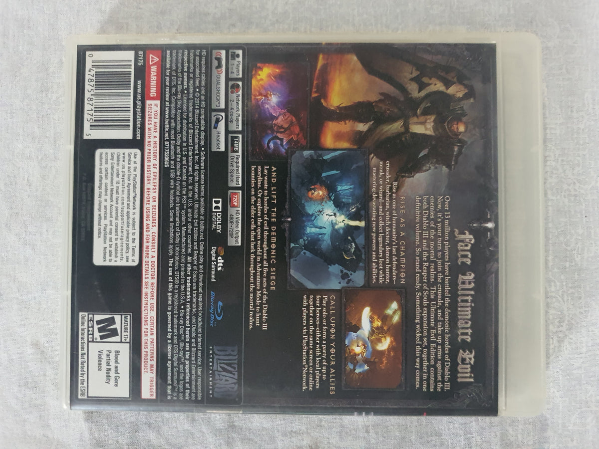 Diablo III Reaper of Souls Ultimate Evil Edition PS3 PlayStation 3 Game Case Disc Bonus Diablo III Included Blizzard