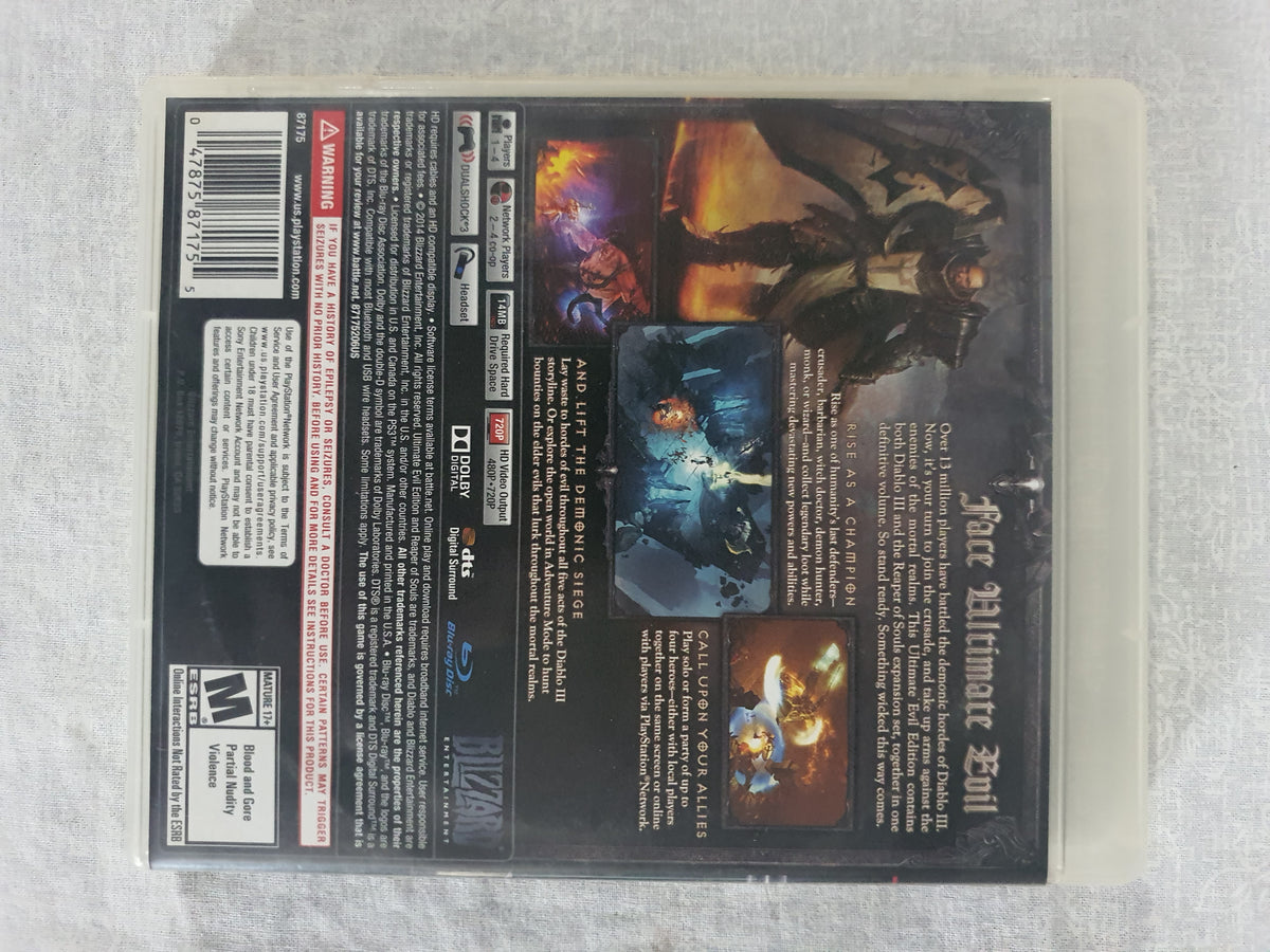 Diablo III Reaper of Souls Ultimate Evil Edition PS3 PlayStation 3 Game Case Disc Bonus Diablo III Included Blizzard