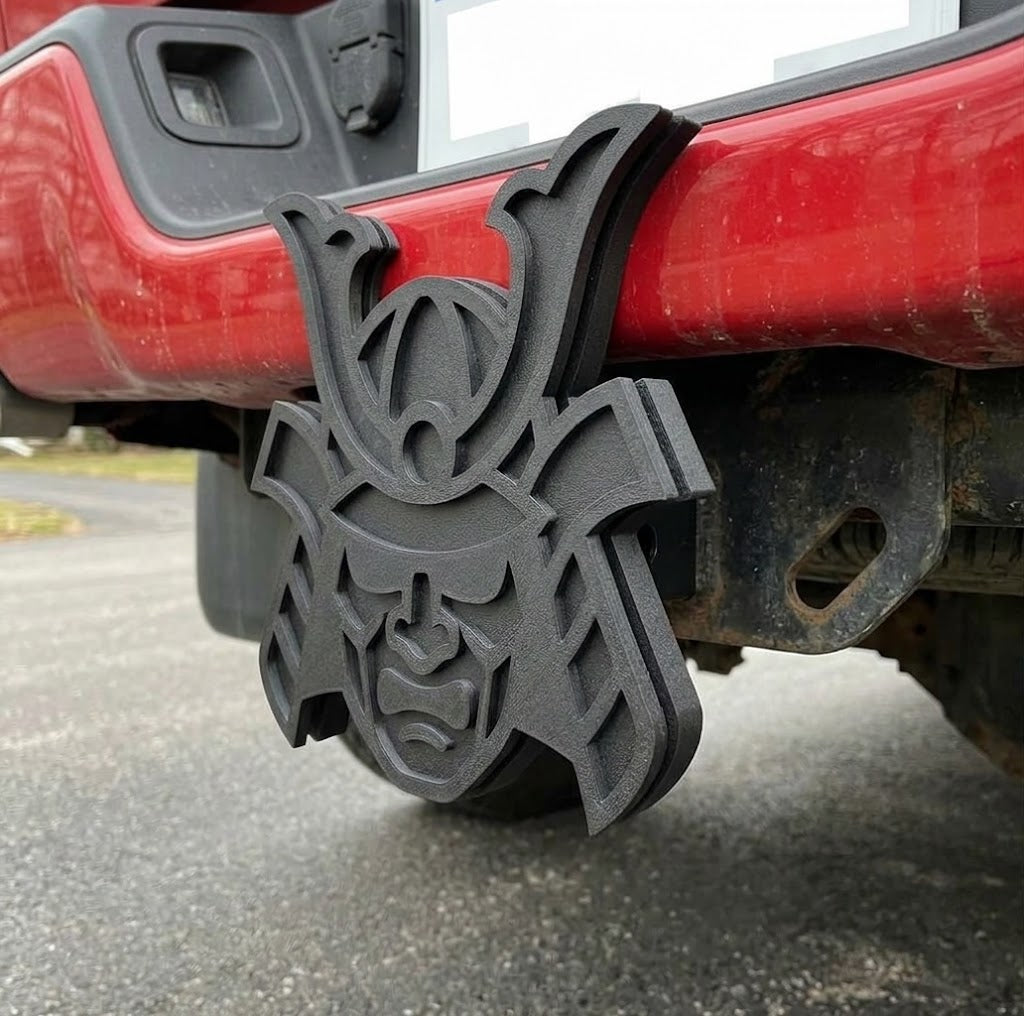 Japanese Samurai Helmet Hitch Cover Trailer Plug Cap Warrior Bushido Truck SUV Receiver Decor