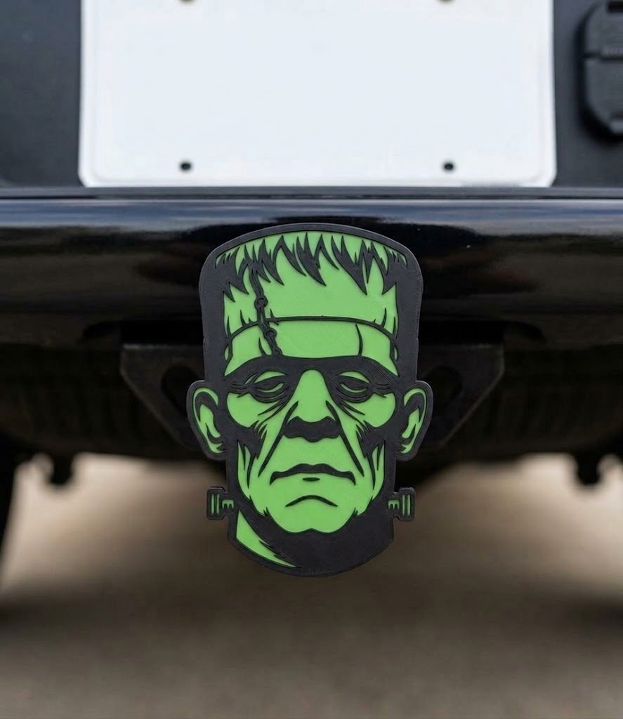 Frankenstein Halloween Trailer Hitch Cover 2" Receiver Tow Cap Monster Horror Plug Green Classic Movie Scary Universal Truck SUV Gift