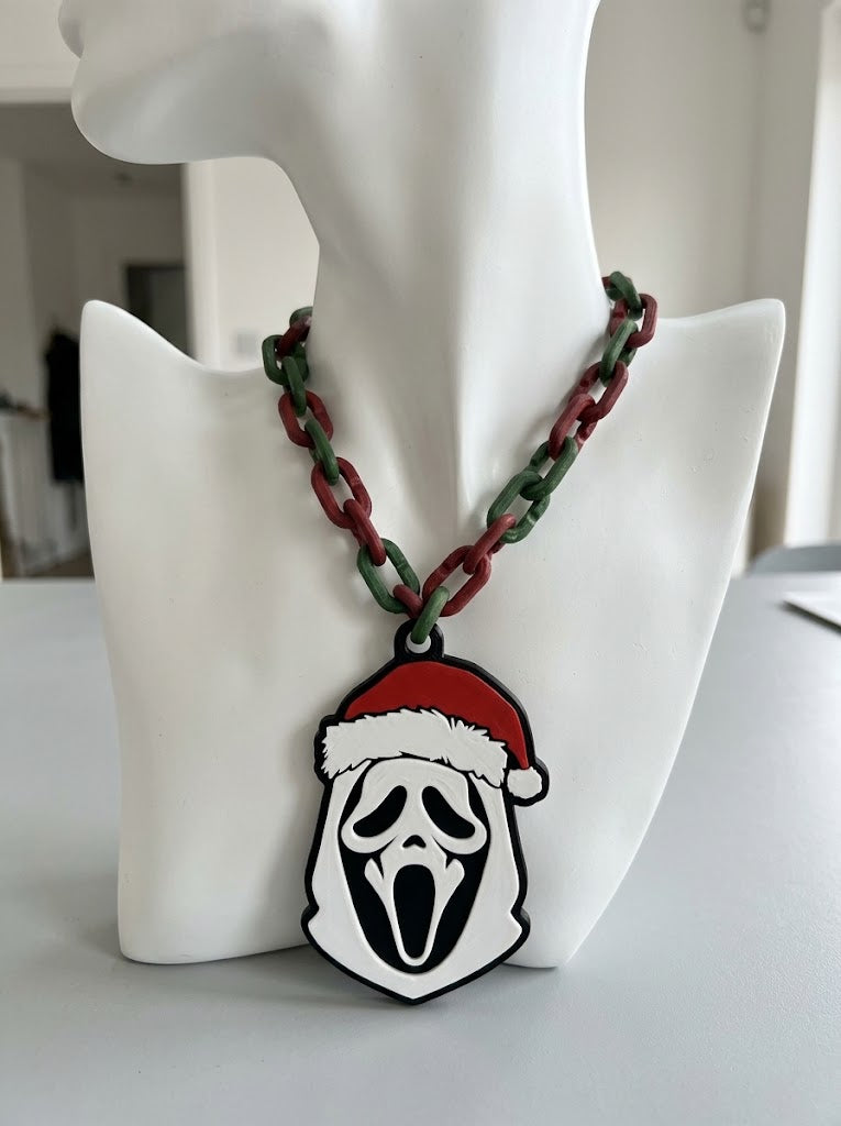 Ghost Face Santa Hat Chain Necklace Scream Mask Christmas Horror Pendant Red Green Link Holiday Jewelry 32" Chain