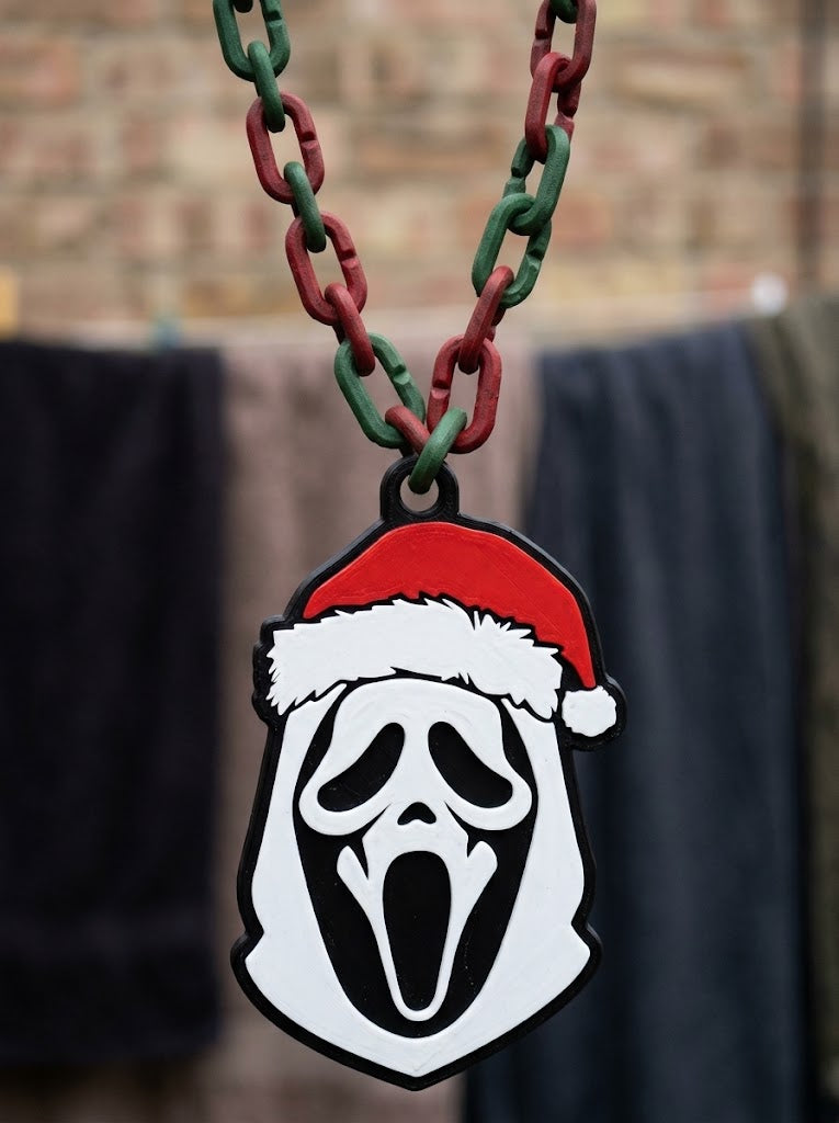Ghost Face Santa Hat Chain Necklace Scream Mask Christmas Horror Pendant Red Green Link Holiday Jewelry 32" Chain