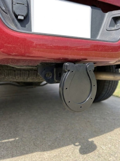 Horseshoe Trailer Hitch Cover Black Western Tow Hitch Cap for Cowboys Ranchers Farmers Truck Accessory - For 2 by 2 Inch Receiver - 6 by 6 Inch Emblem - Plastic