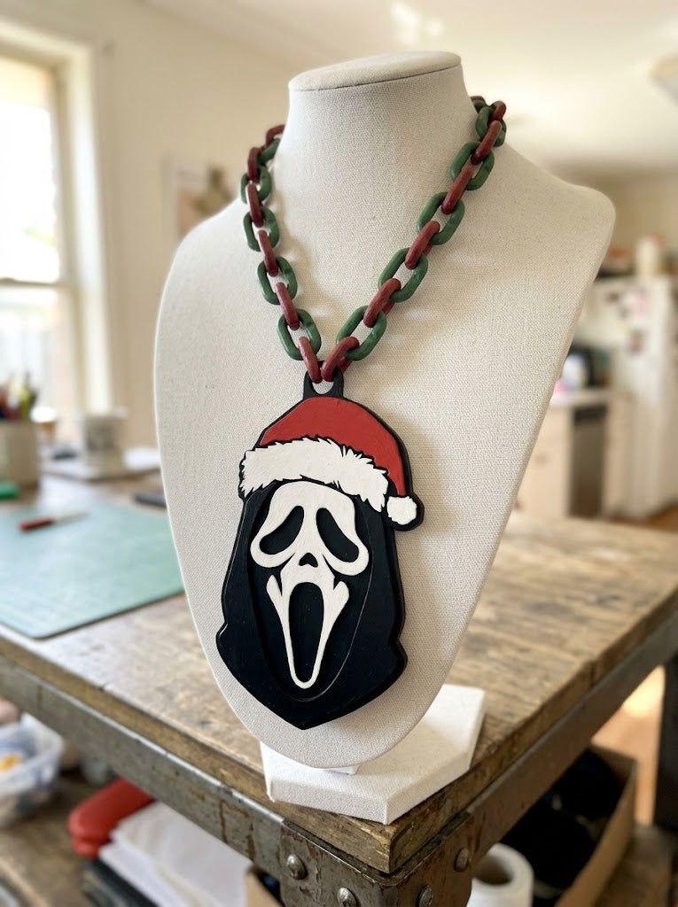 Ghost Face Santa Hat Chain Necklace Scream Mask Christmas Horror Pendant Red Green Link Holiday Jewelry