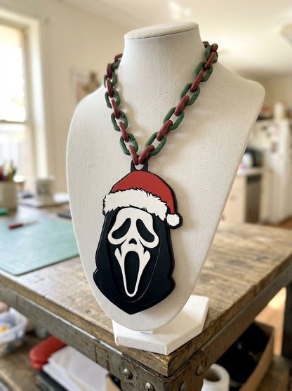 Ghost Face Santa Hat Chain Necklace Scream Mask Christmas Horror Pendant Red Green Link Holiday Jewelry