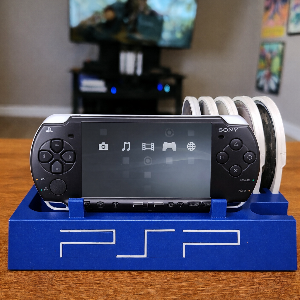 Sony PSP gaming console on a blue stand with a blurred TV in the background