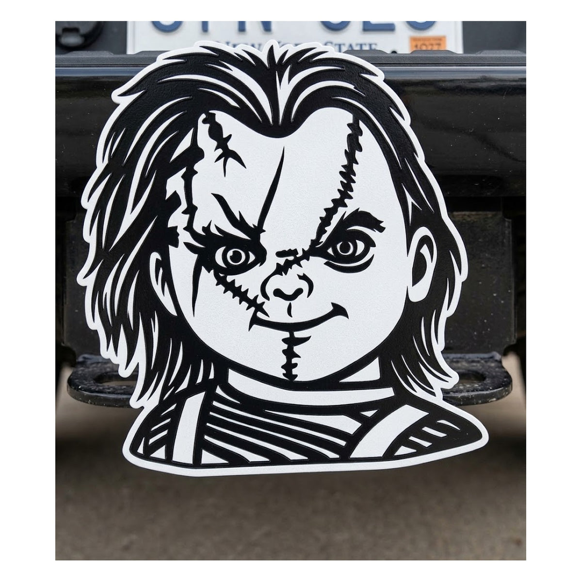 Chucky Childs Play Trailer Hitch Cover 2" Receiver Evil Doll Horror Movie Plug Cap Black Good Guy Scary Slasher Truck SUV Halloween Gift