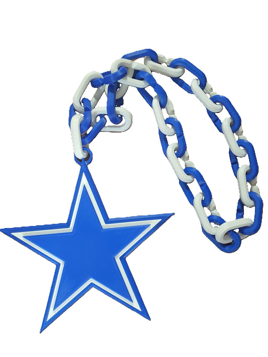 A Dallas Cowboys themed custom blue pendant chain with a star shape attached to a white chain

