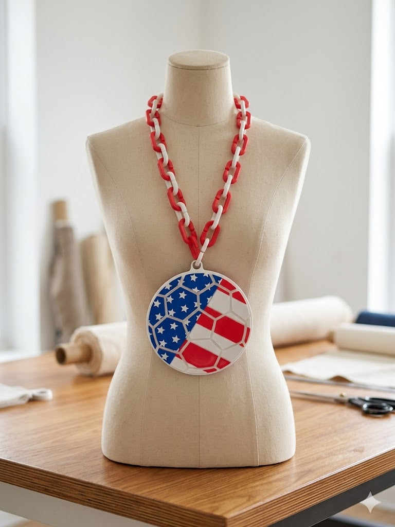 USA Flag Soccer Ball Hype Chain – 8" Pendant 32" Chain Stars and Stripes FIFA World Cup Necklace for USMNT USWNT Fans
