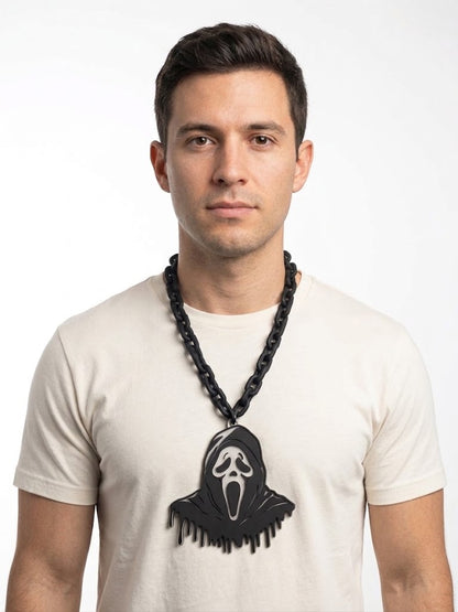 New Ghost Face Hype Chain Scream Mask 9x7" Pendant Necklace - Horror Movie Scream Mask Chain - Ghostface Costume Jewelry Accessory 32" Chain