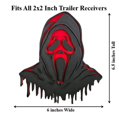 Ghost Face Trailer Hitch Plug Scream Mask Truck Receiver Cap Horror Hood Red Face Evil - 6x6 Inch Emblem - Halloween Hitch Cover
