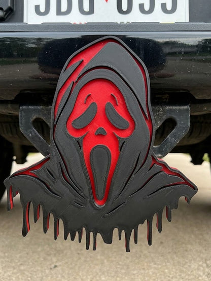 Ghost Face Trailer Hitch Plug Scream Mask Truck Receiver Cap Horror Hood Red Face Evil - 6x6 Inch Emblem - Halloween Hitch Cover
