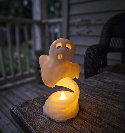 Halloween Ghost Cute Glowing Phantom Trio Mini Illuminated White Spectral Figurines For Porch Patio Tabletop Mantel Pathway Trick-or-Treat Party Family Fun