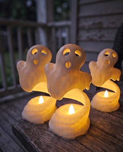 Halloween Ghost Cute Glowing Phantom Trio Mini Illuminated White Spectral Figurines For Porch Patio Tabletop Mantel Pathway Trick-or-Treat Party Family Fun