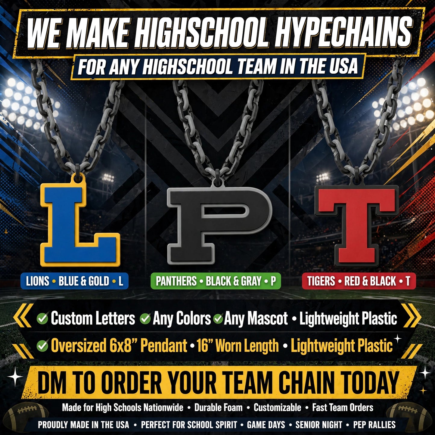 High School Hype Chain Necklace – 32" Chain Sports Cheer Fan Jewelry for Football Basketball Baseball Kids Youth Teens Adults Unisex