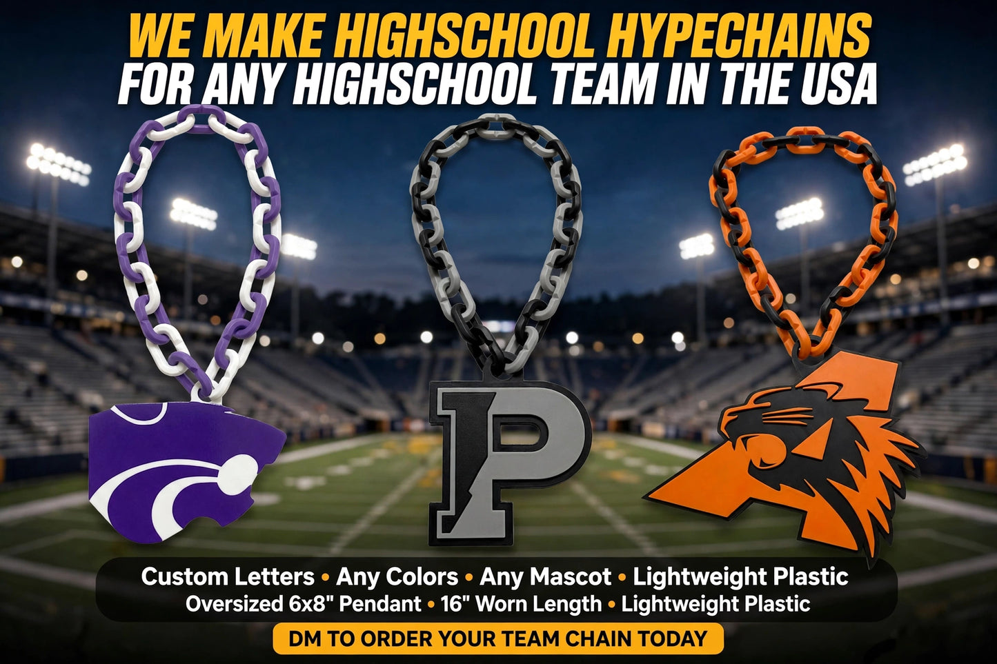 High School Hype Chain Necklace – 32" Chain Sports Cheer Fan Jewelry for Football Basketball Baseball Kids Youth Teens Adults Unisex