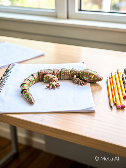 Gecko Fidget Articulated Desk Buddy Home Décor Educational School Handmade Brown and Green Spotted 2 Pack