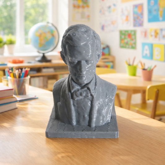 Bust of a person on a wooden table in a classroom setting with educational posters and a globe.